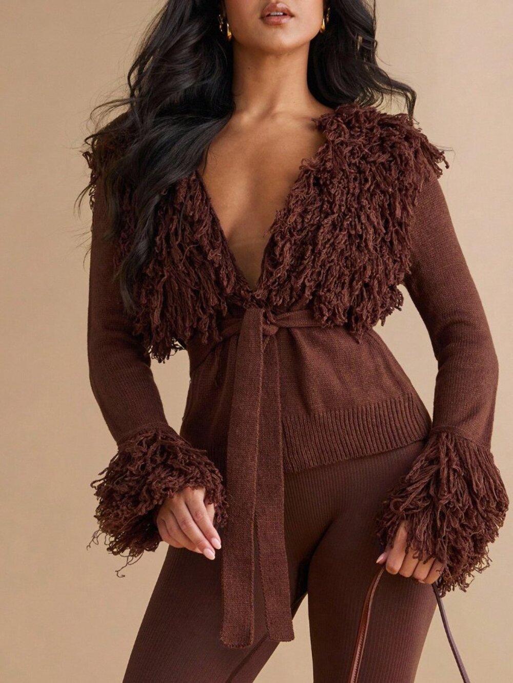 Brown Sexy Deep V Neck Flare Sleeve Asymmetrical Knot Belted Cardigan